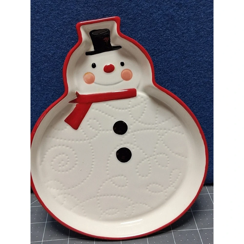 Hallmark‎ Snowman Candy Dish White Red Ceramic Christmas Holiday Trinket Tray
